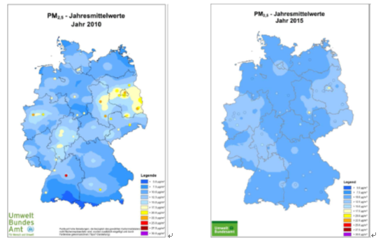 德国2010年和2015年的PM2.5浓度的分布图